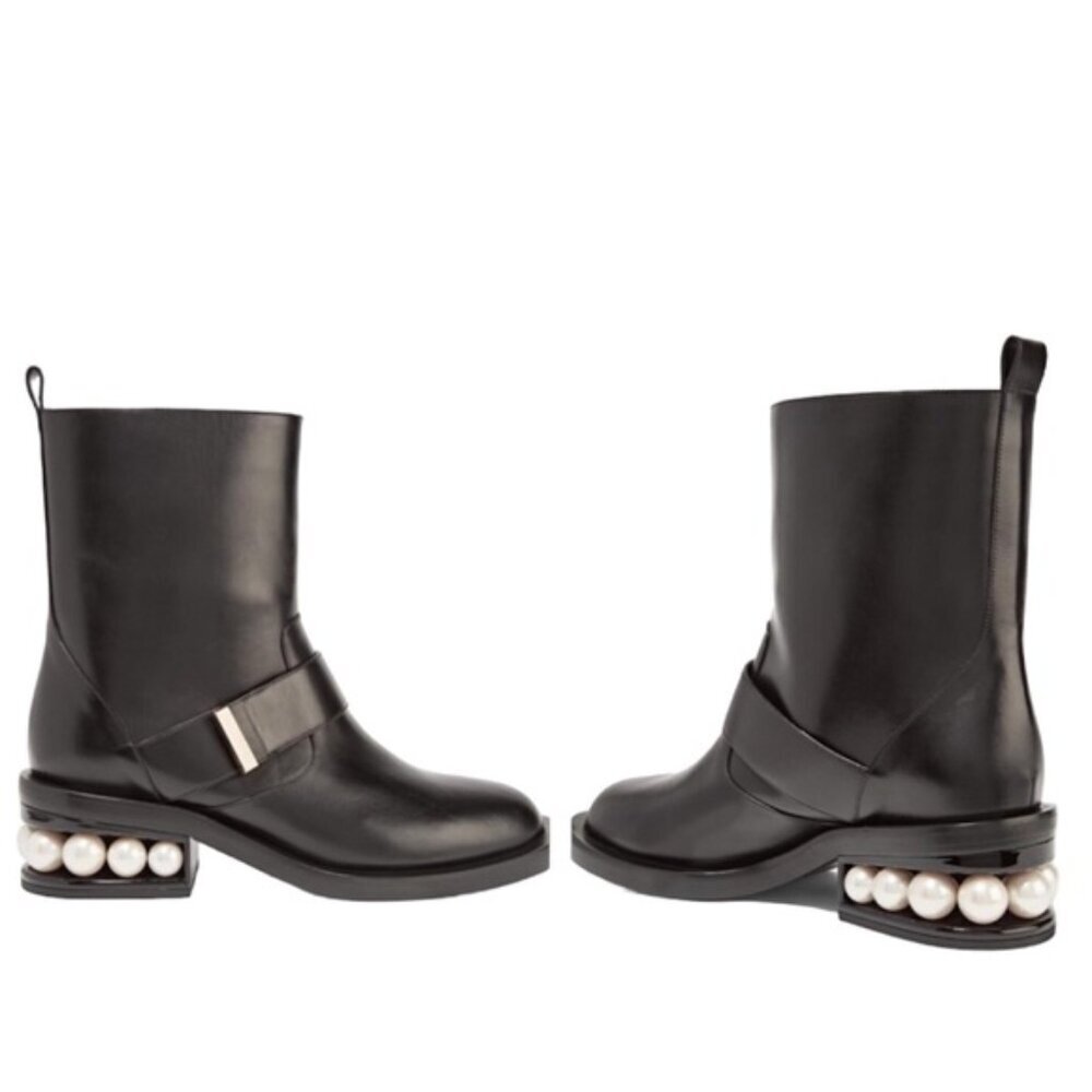 Nicholas Kirkwood Casati Leather Pearl Embellished Biker Boots Booties Combat 38